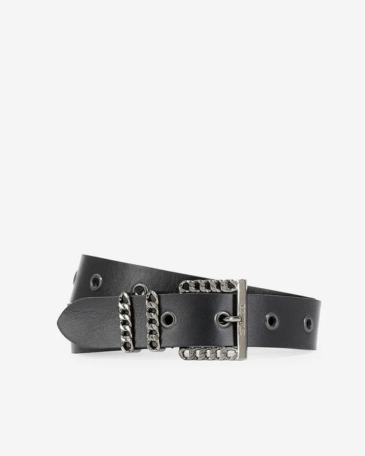 Leather belt with black chain buckle