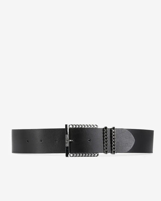 Leather belt with black chain buckle