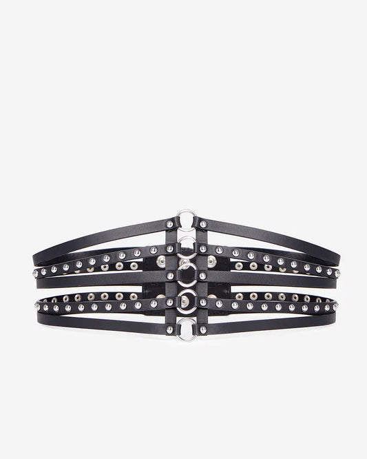 Black leather corset belt with studs