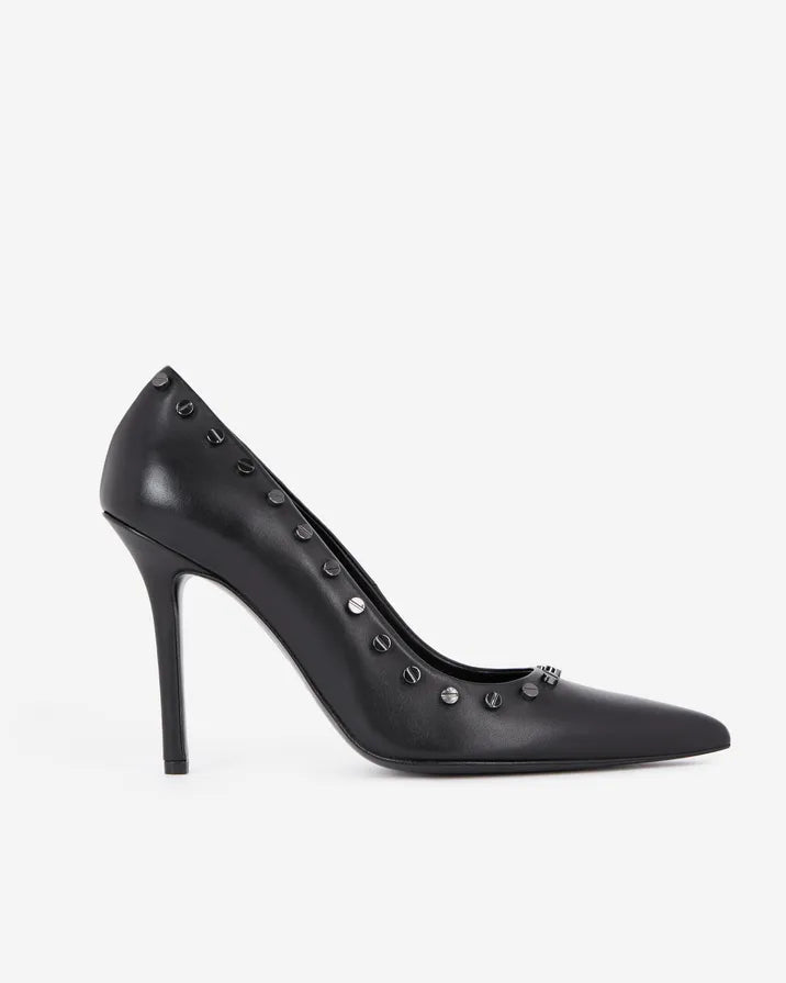 Black leather studded heeled pumps