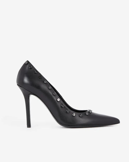 Black leather studded heeled pumps