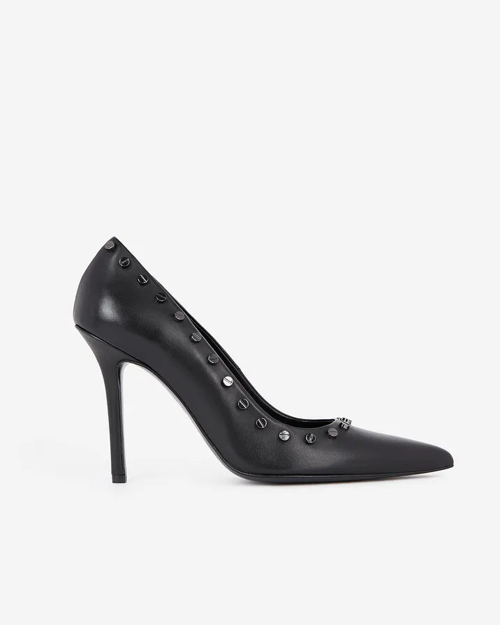 Black leather studded heeled pumps
