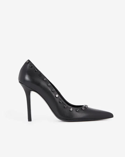 Black leather studded heeled pumps
