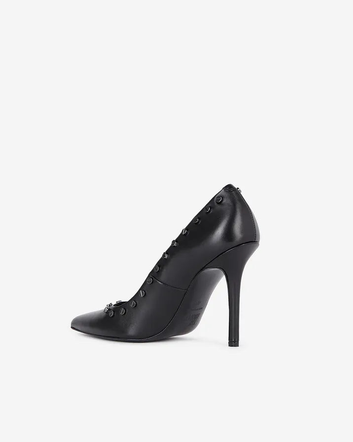 Black leather studded heeled pumps