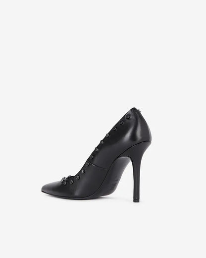 Black leather studded heeled pumps