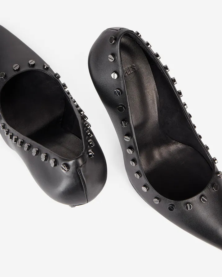 Black leather studded heeled pumps