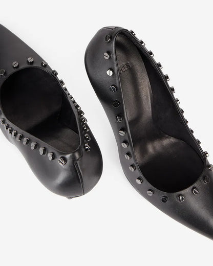 Black leather studded heeled pumps