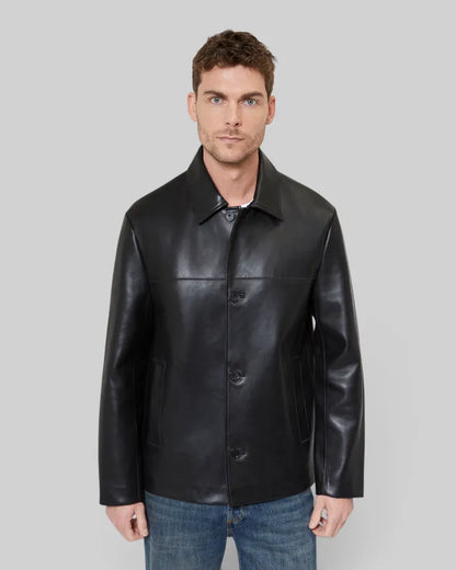 Black leather button-down jacket