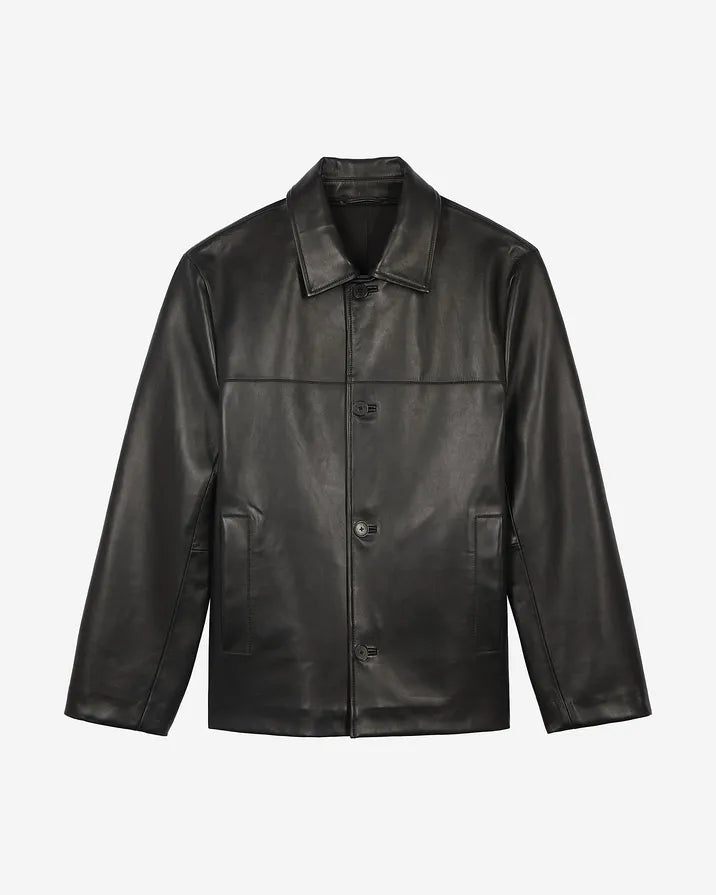 Black leather button-down jacket