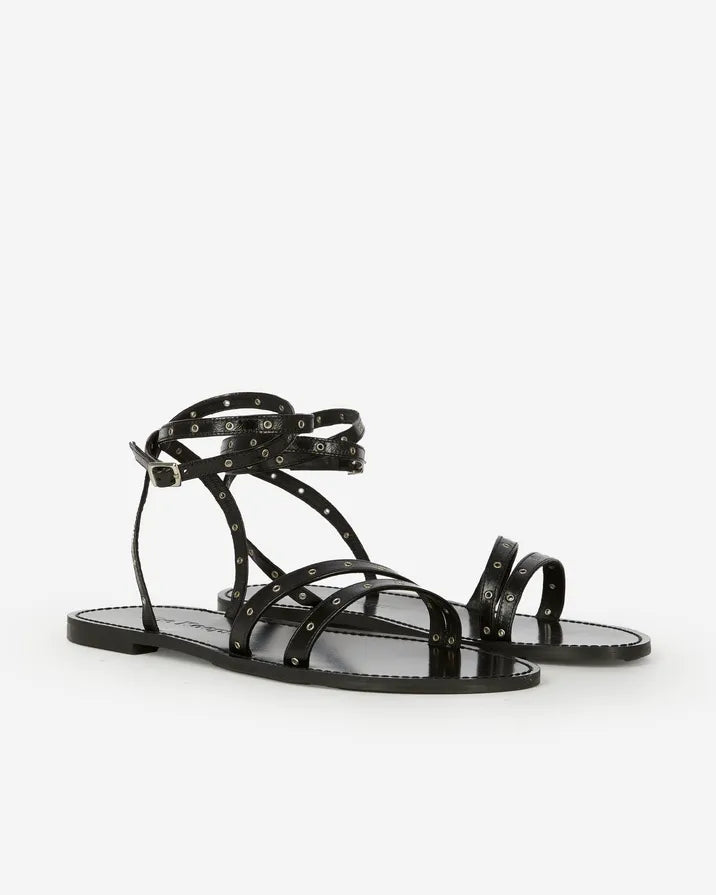 Black leather flat sandals with eyelets