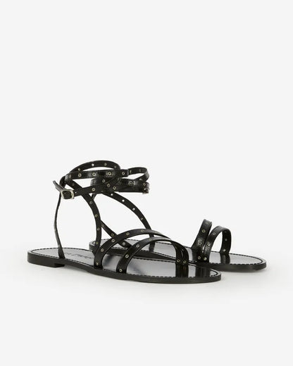 Black leather flat sandals with eyelets