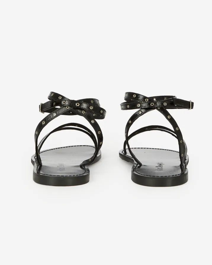 Black leather flat sandals with eyelets