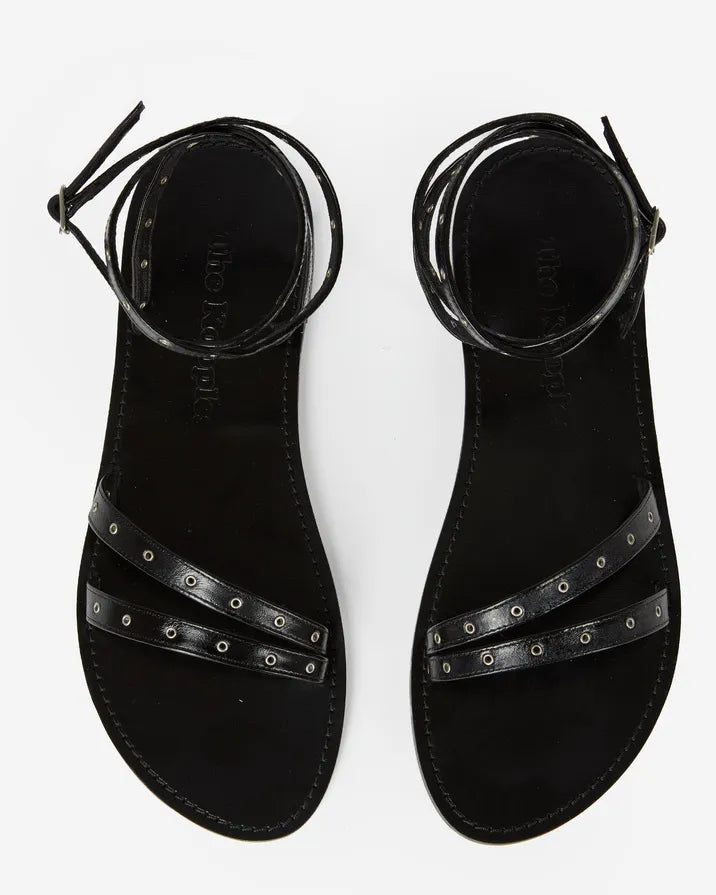 Black leather flat sandals with eyelets