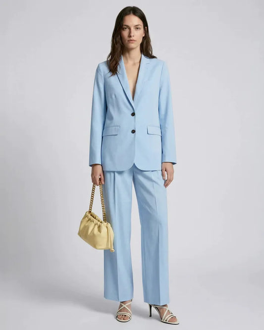 Wide-leg tailored pants in pastel blue linen and cotton