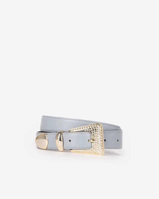 Blue leather western buckle belt in gold with rhinestones