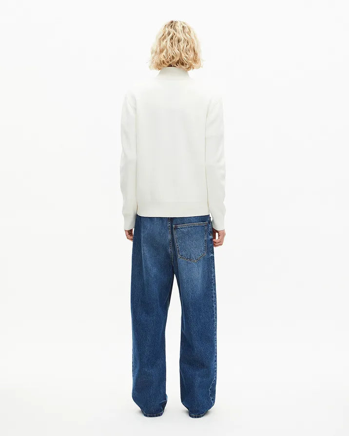 Double-faced ecru wool trucker-neck sweater