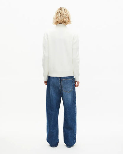 Double-faced ecru wool trucker-neck sweater