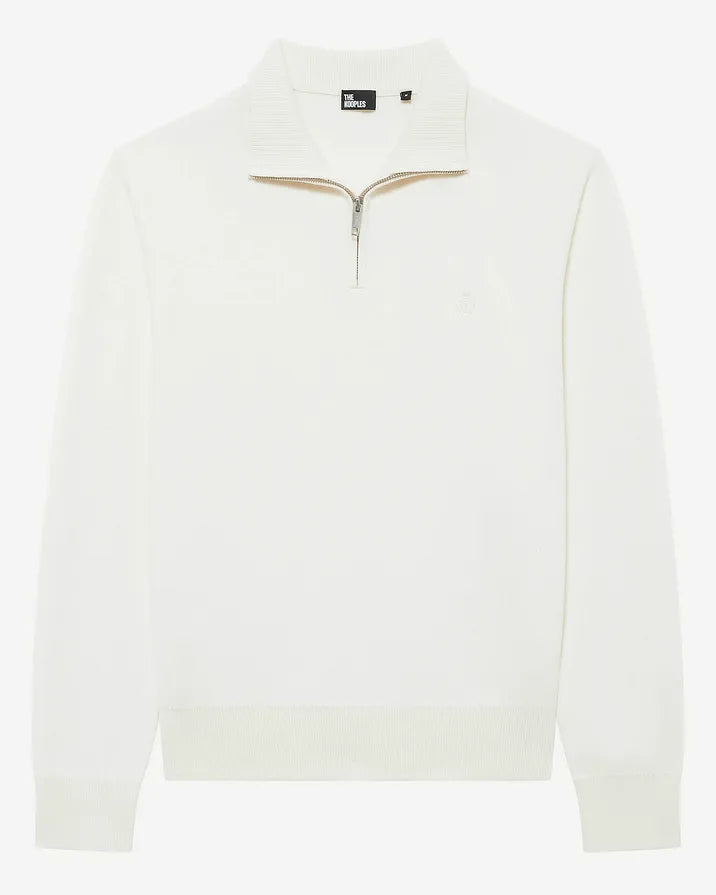 Double-faced ecru wool trucker-neck sweater