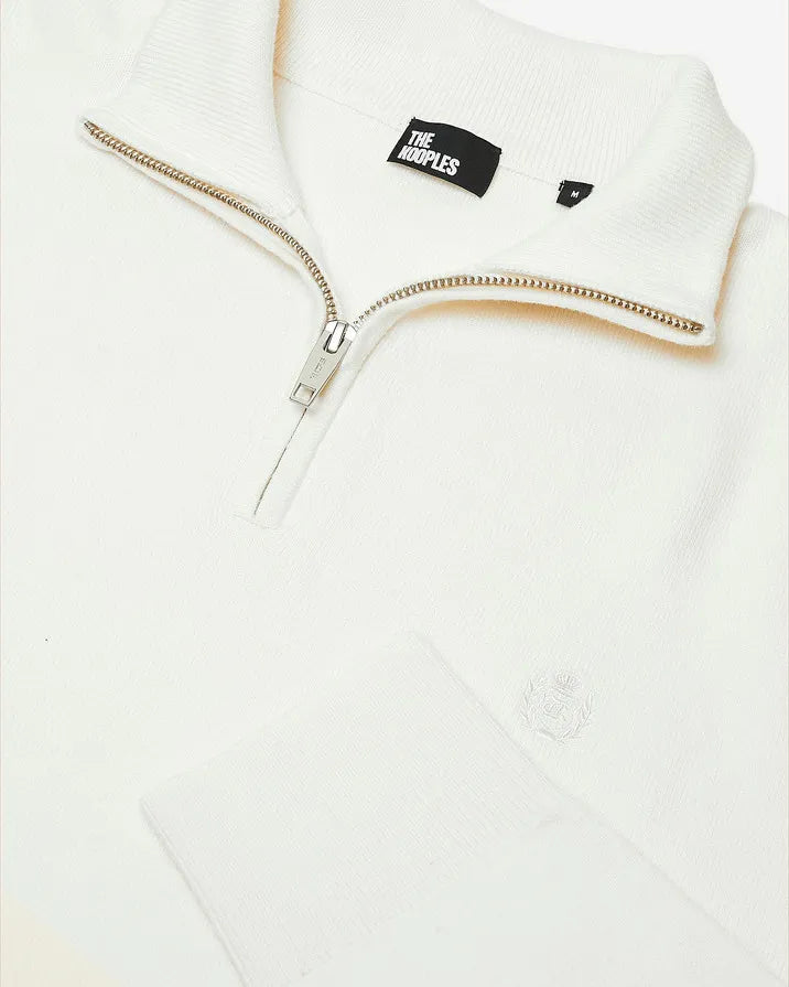 Double-faced ecru wool trucker-neck sweater