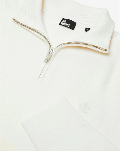 Double-faced ecru wool trucker-neck sweater