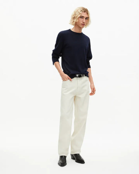 Round-neck sweater in navy merino wool
