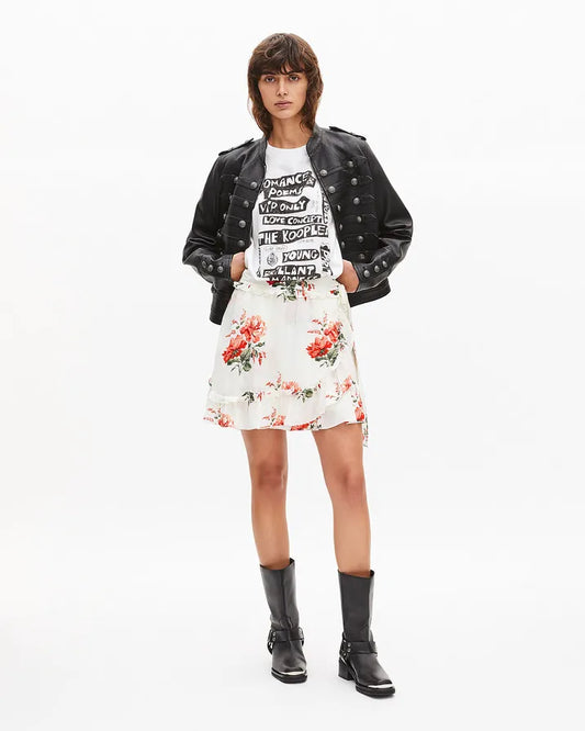Short white floral print wrap skirt