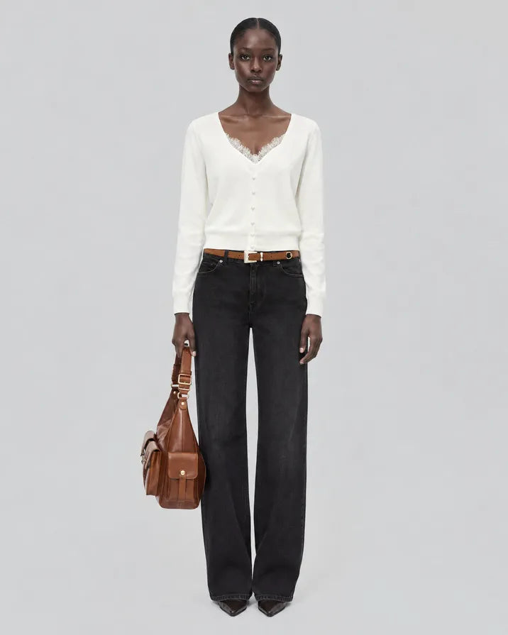 Trompe l'oeil effect sweater with ecru lace