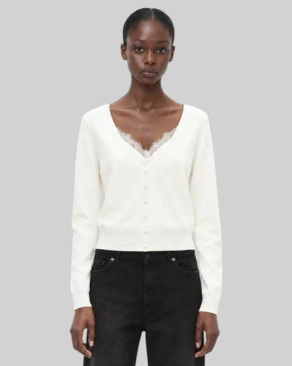 Trompe l'oeil effect sweater with ecru lace