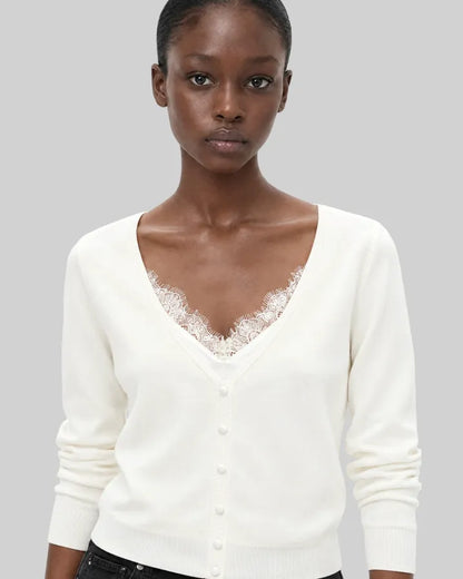 Trompe l'oeil effect sweater with ecru lace