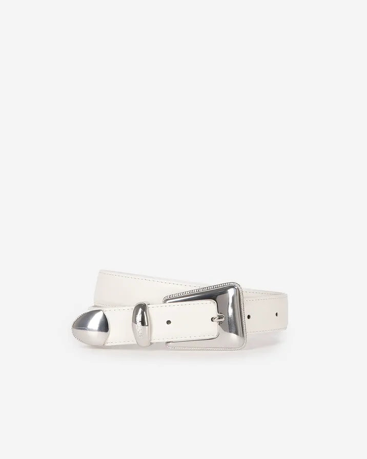 Silver western buckle belt in ecru leather
