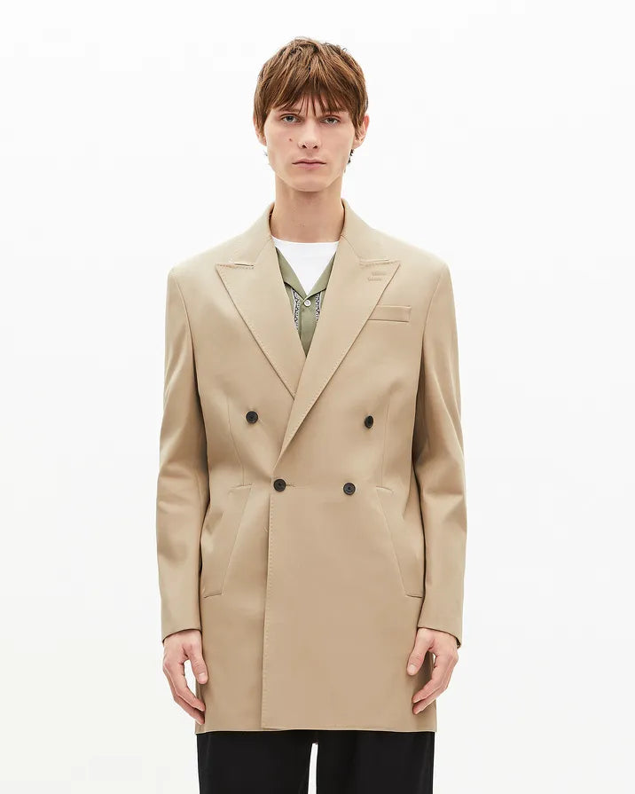Beige long double-breasted jacket