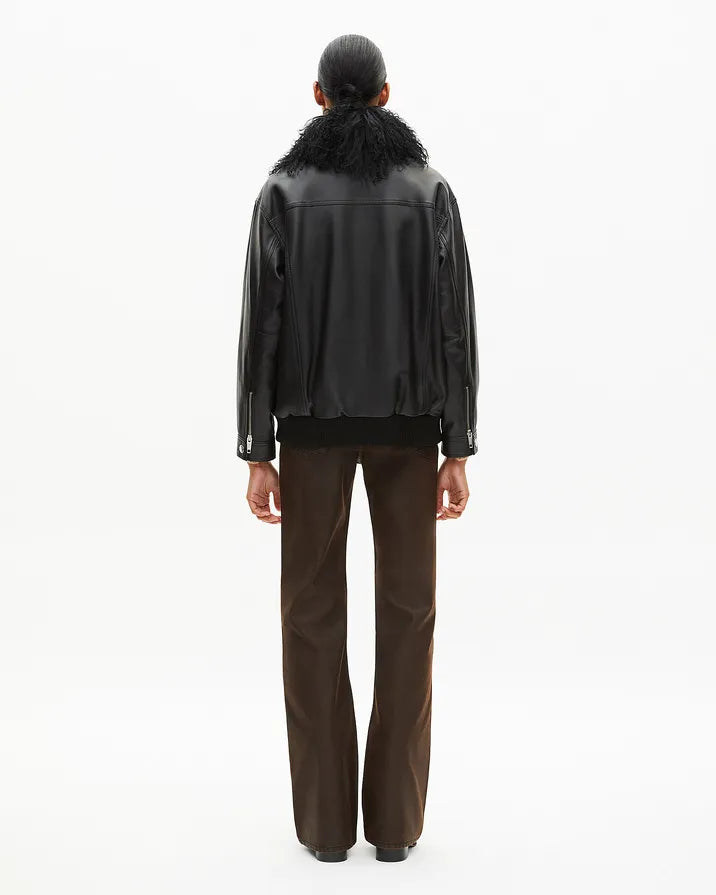 Leather jacket with removable fur collar, black