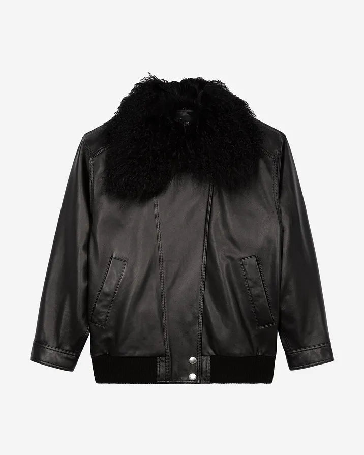 Leather jacket with removable fur collar, black