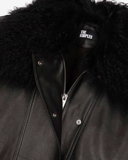 Leather jacket with removable fur collar, black