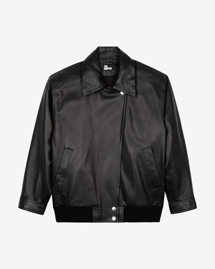Leather jacket with removable fur collar, black