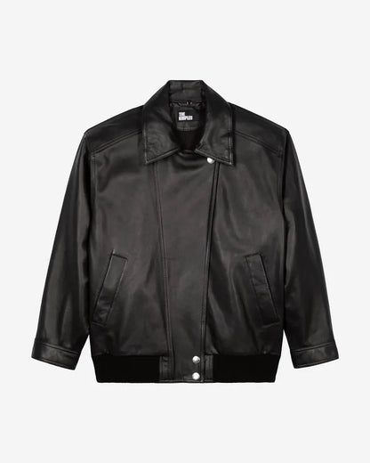 Leather jacket with removable fur collar, black