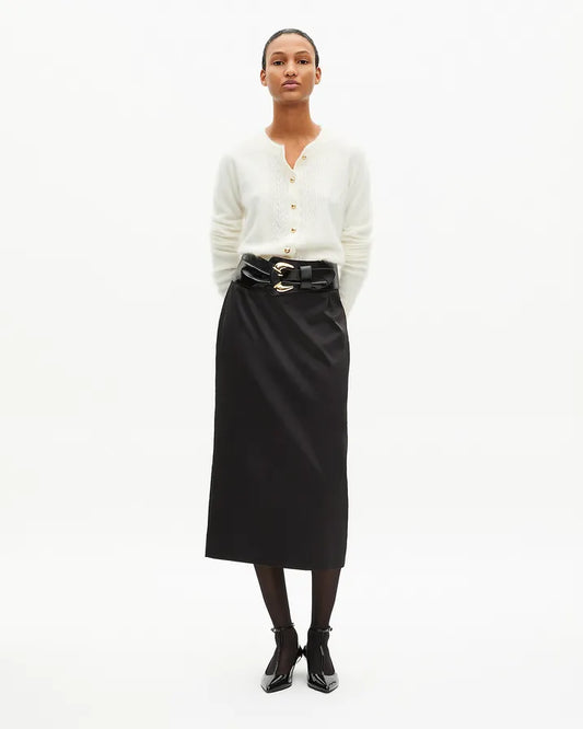 Long black satin pencil skirt