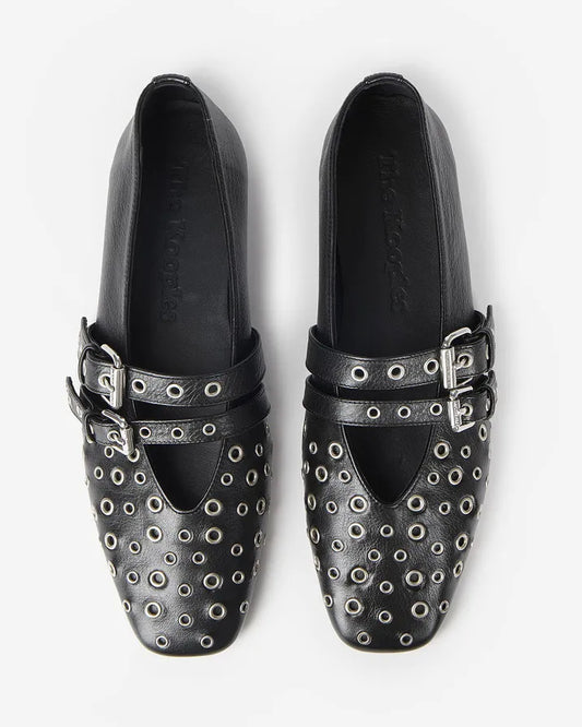 Black leather studded ballet flats