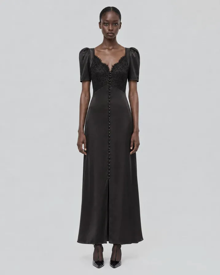Silk maxi dress with black lace
