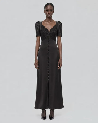 Silk maxi dress with black lace