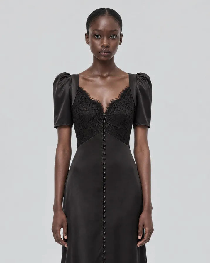 Silk maxi dress with black lace