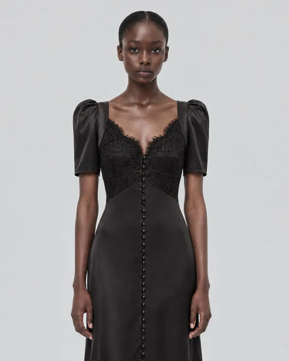 Silk maxi dress with black lace