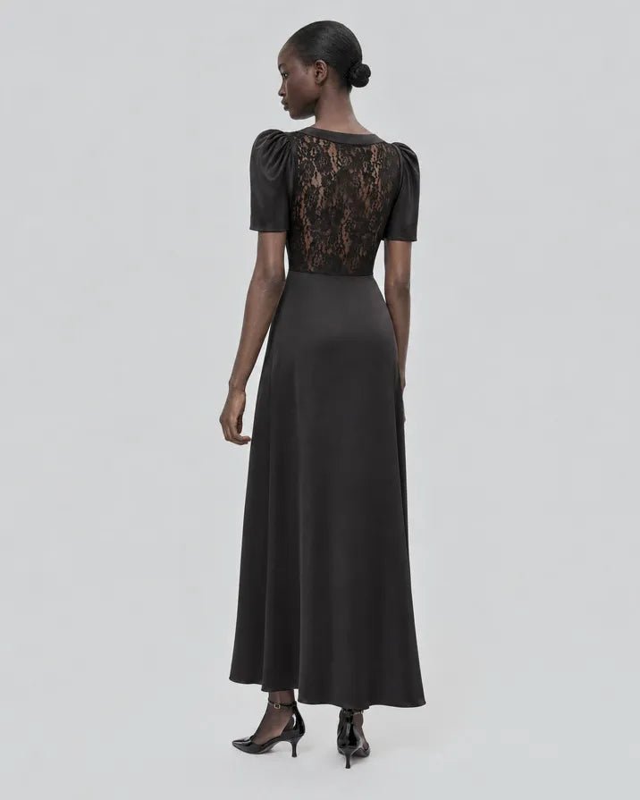 Silk maxi dress with black lace