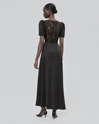 Silk maxi dress with black lace