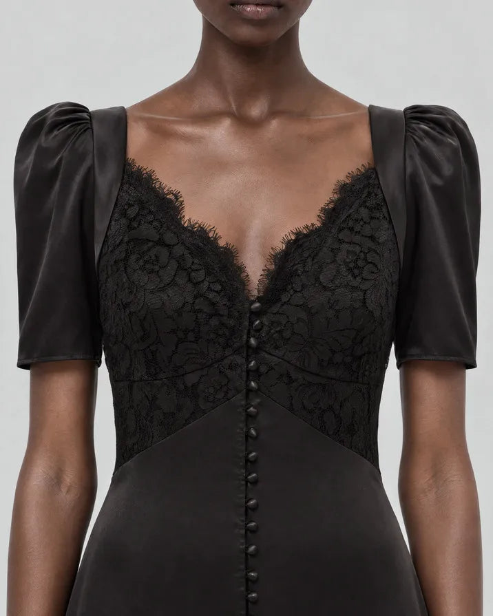 Silk maxi dress with black lace