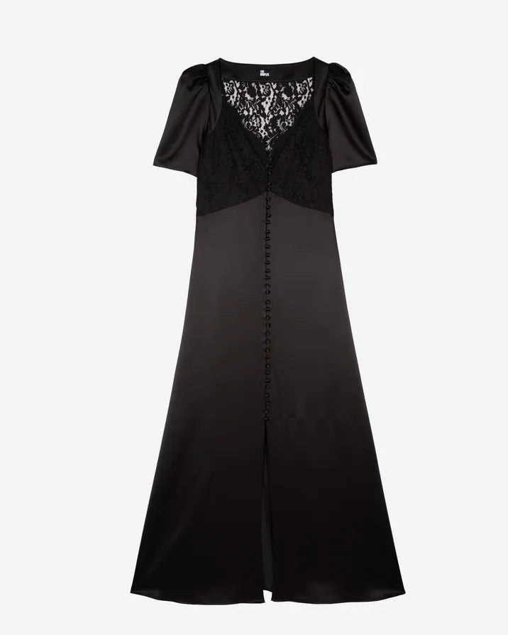 Silk maxi dress with black lace