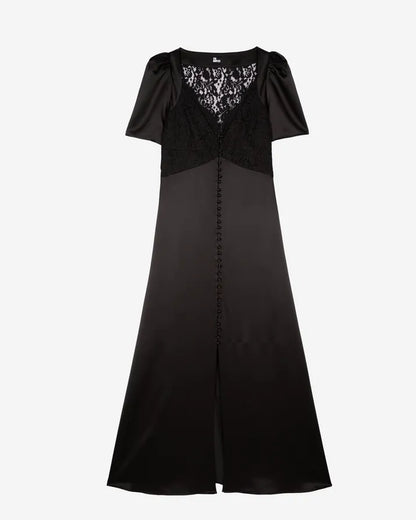 Silk maxi dress with black lace