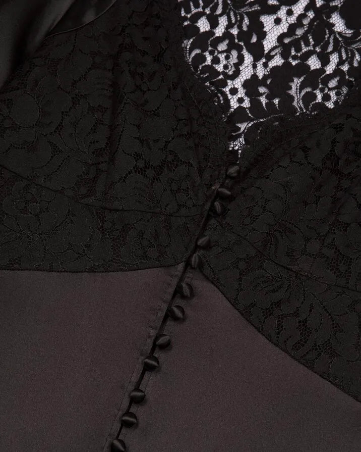 Silk maxi dress with black lace