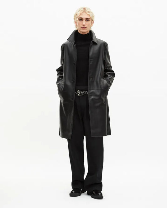 Black leather mid-length coat