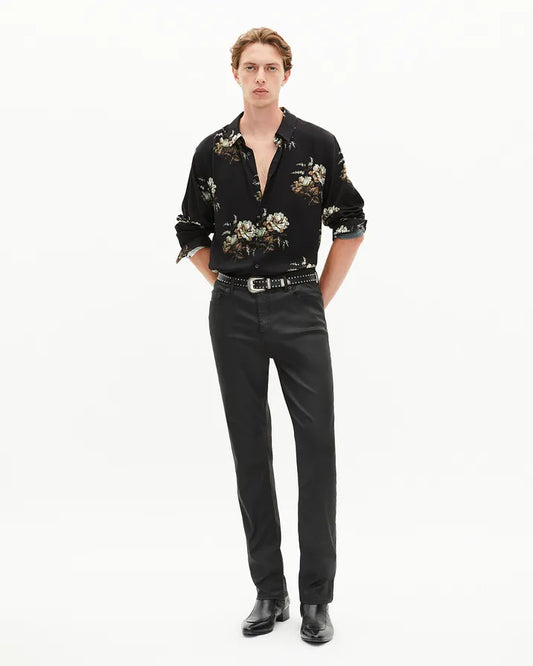 Green and black floral print shirt